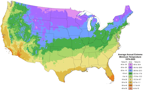 USDA Hardiness Zone Map: Color-coded for annual extreme minimum temperatures