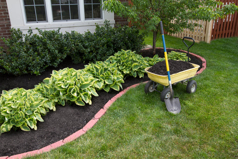 “Mulching garden soil with a wheelbarrow and shovel, enhancing plant health