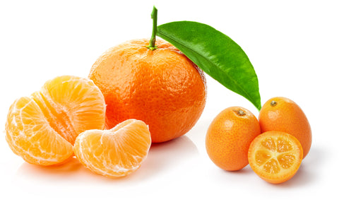 Fresh kumquats and a peeled segment on a white background