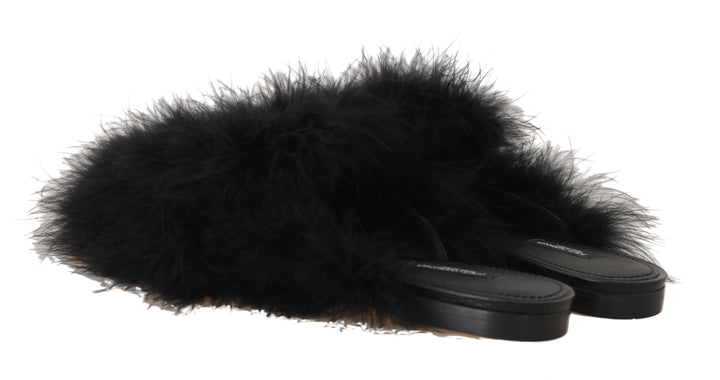 black fluffy mules