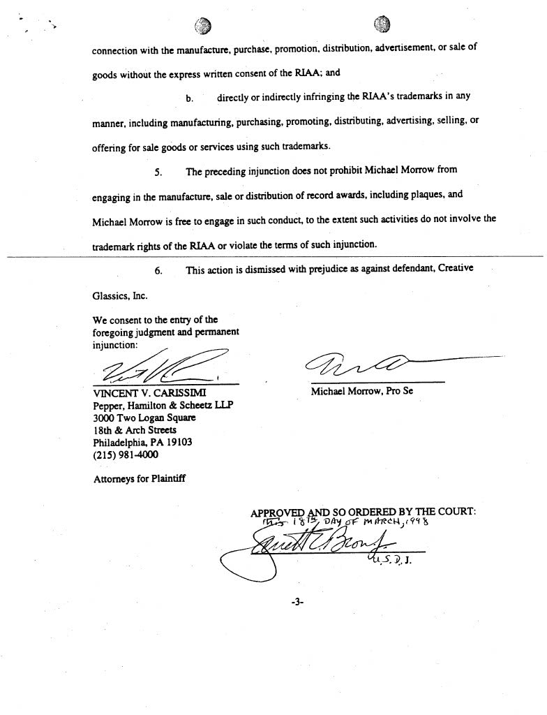 RIAA judgment against Creative Glassics 1996 pg 3