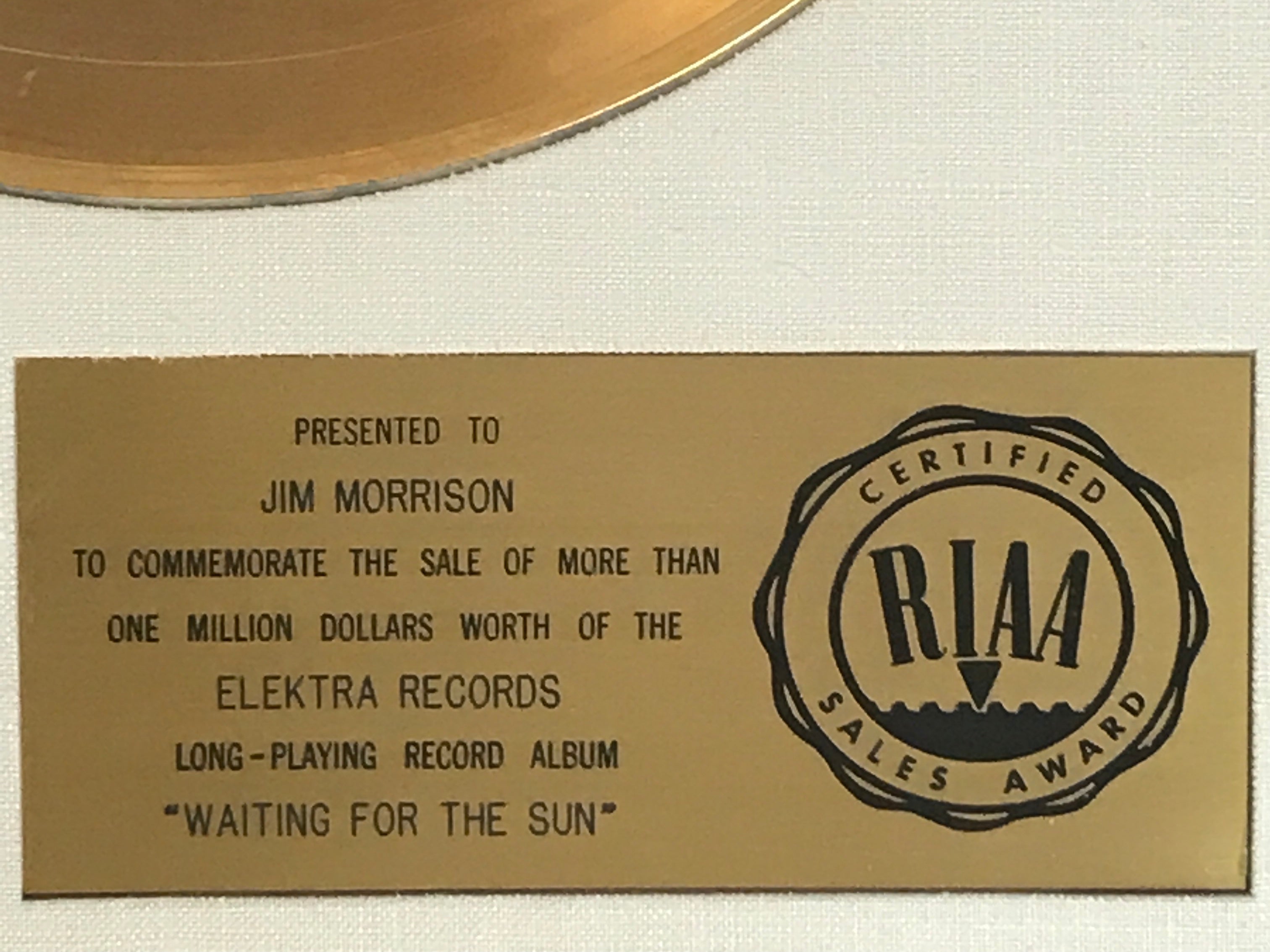 The Doors Waiting For The Sun RIAA Gold award to Jim Morrison