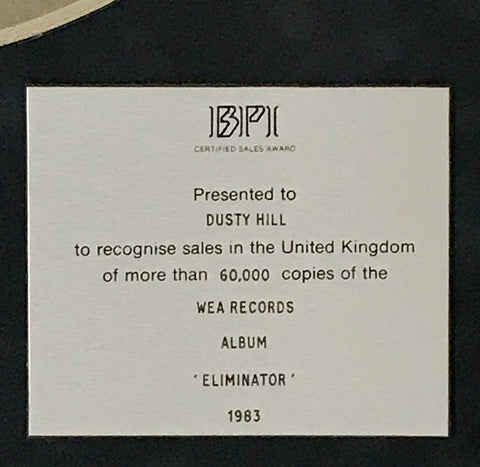 ZZ Top Eliminator 1983 BPI Silver Album Award presented to Dusty Hill