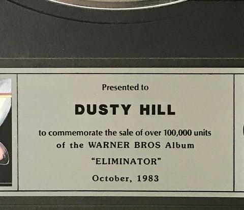 ZZ Top Eliminator 1983 CRIA Platinum Album Award presented to Dusty Hill detail