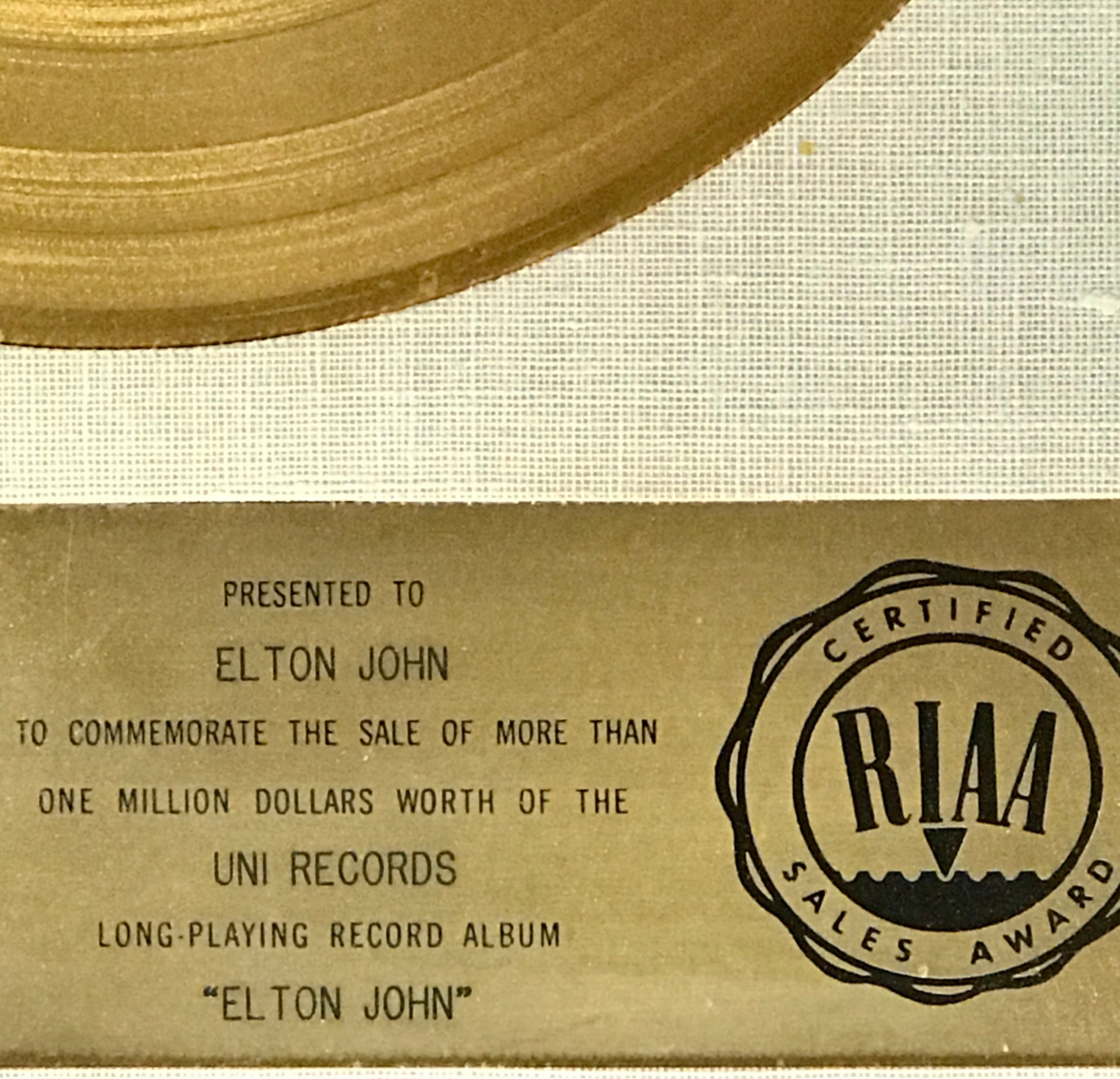 Elton John RIAA award presentation plate