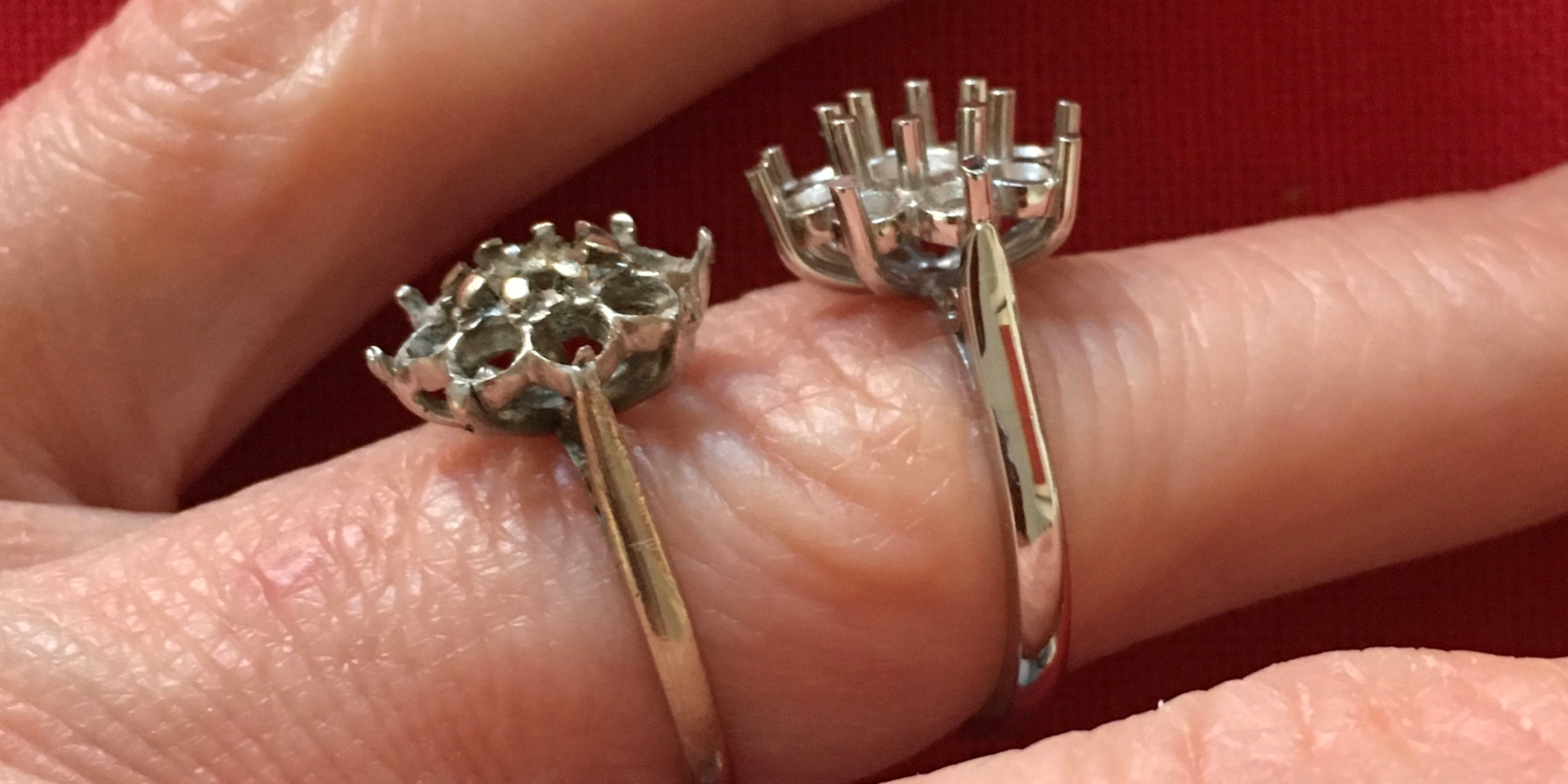 Handmade bespoke platinum cluster ring compared to old one by Amanda Mansell