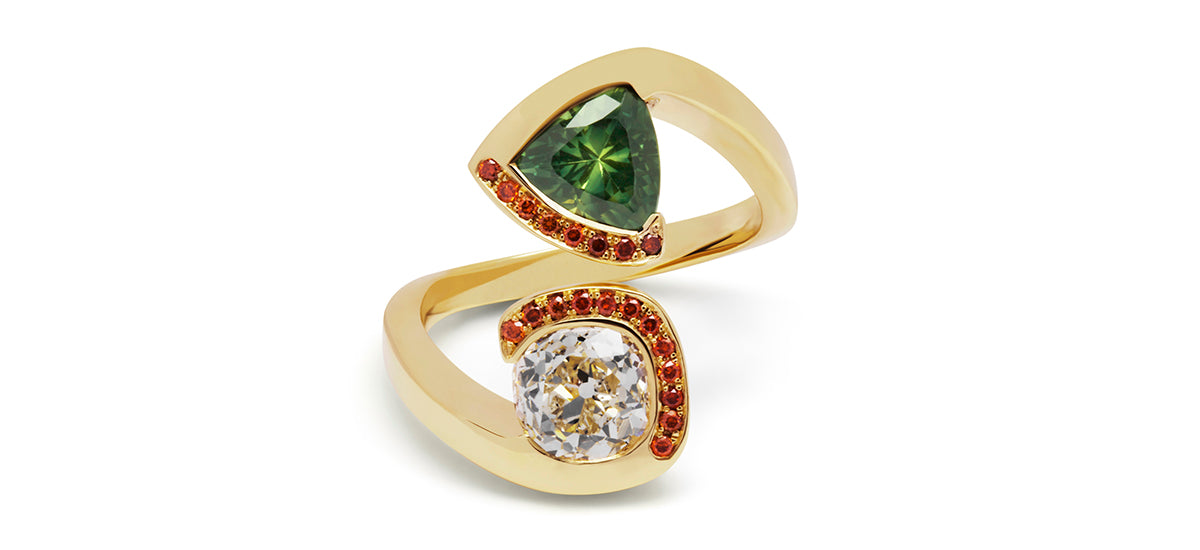 18ct yellow gold, diamond and green sapphire engagement ring