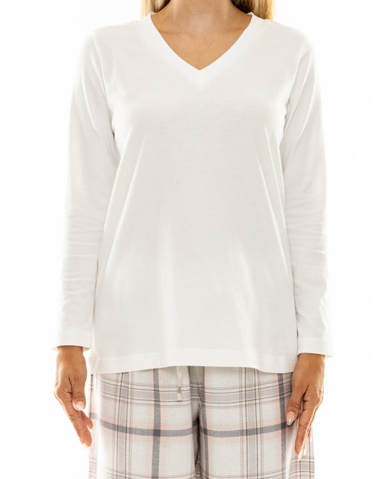 White Cotton V Neck Long Sleeve T-shirt