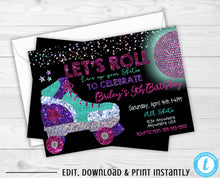 Load image into Gallery viewer, Roller Skate Birthday Party Invitation, 80&#39;s Disco Skate Party, Retro Style, Roller Skating Party Invitation, edit yourself Instant Download