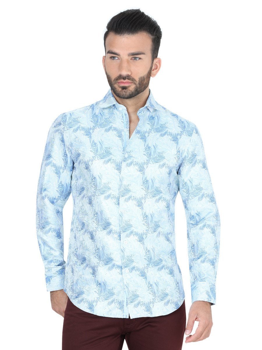 Camisa Casual Manga Larga para Hombre, 100% Polyester 'Centenario' - ID:  41726 AZUL/AMARILLO - BELLEZA'S