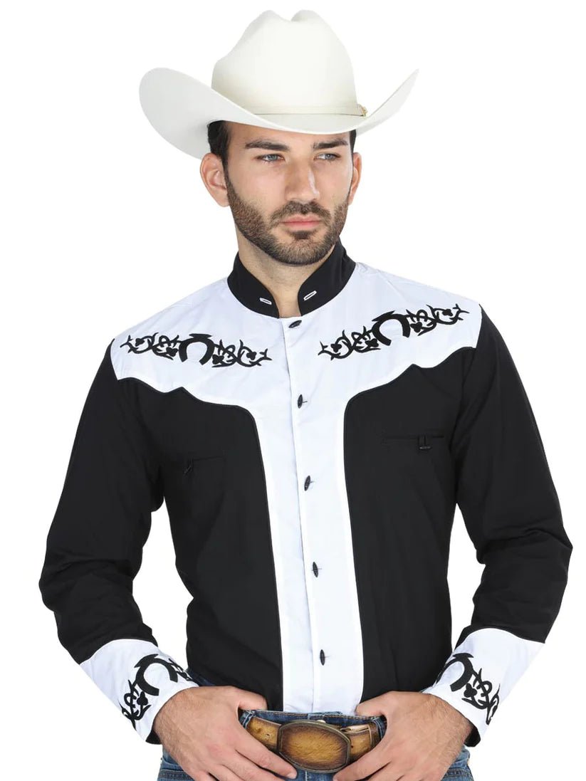 Camisa Vaquera Charra Bordada Manga Larga Negro/Blanco para Hombre 'El  General' *BLACK-40795* - BELLEZA'S