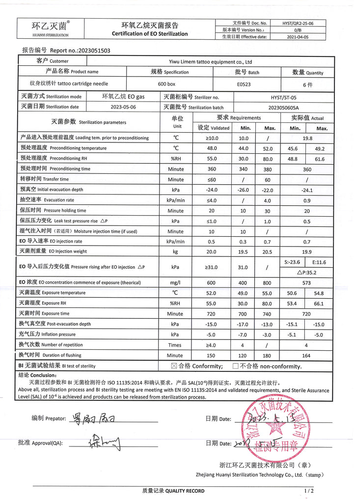 VIPER CARTRIDGES STERILIZATION CERTIFICATES