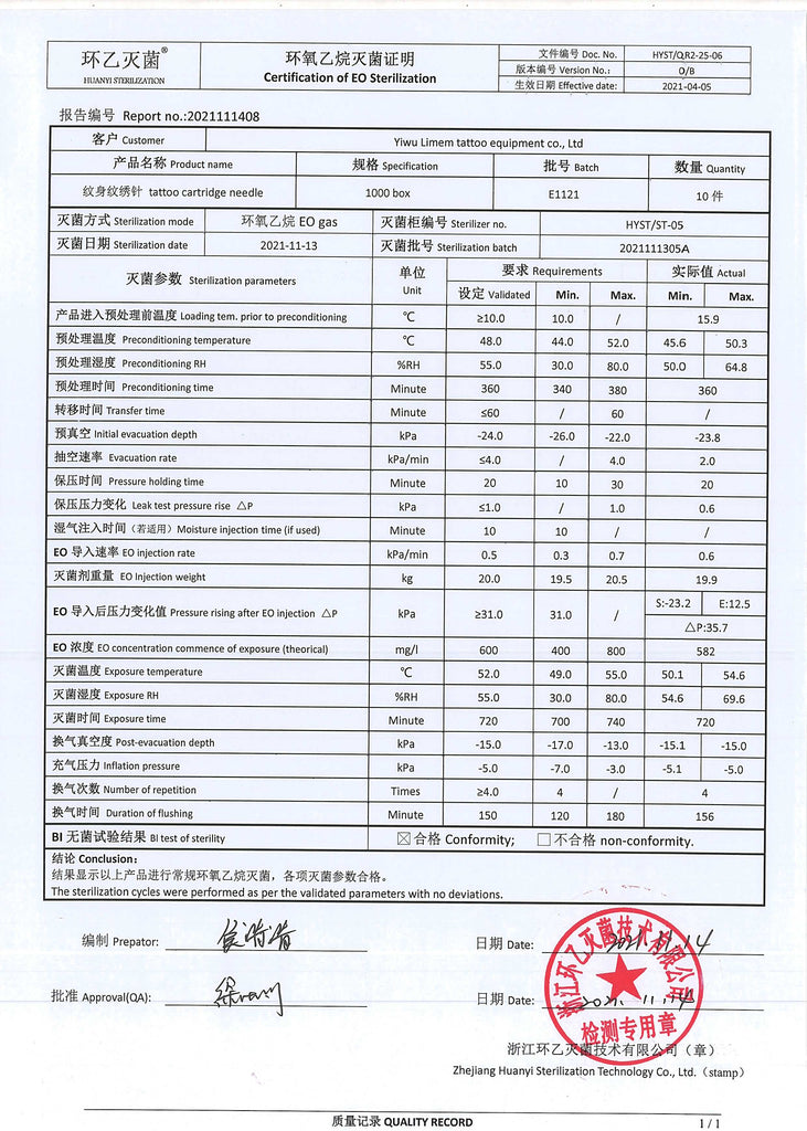 VIPER CARTRIDGES STERILIZATION CERTIFICATES