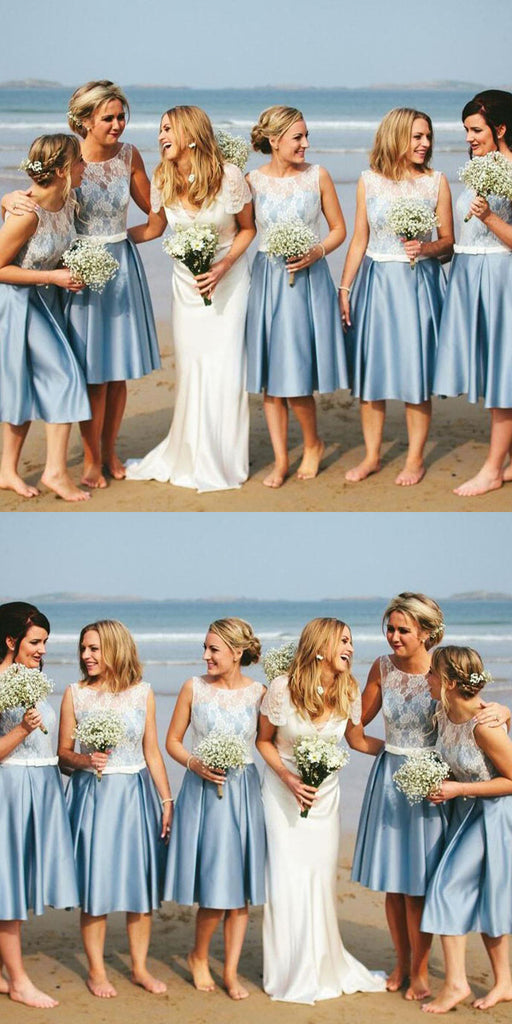Terrific Junior Pretty Blue Satin White Lace Short Bridesmaid Dresses For Summer Beach Wedding Dresses Vpwg043