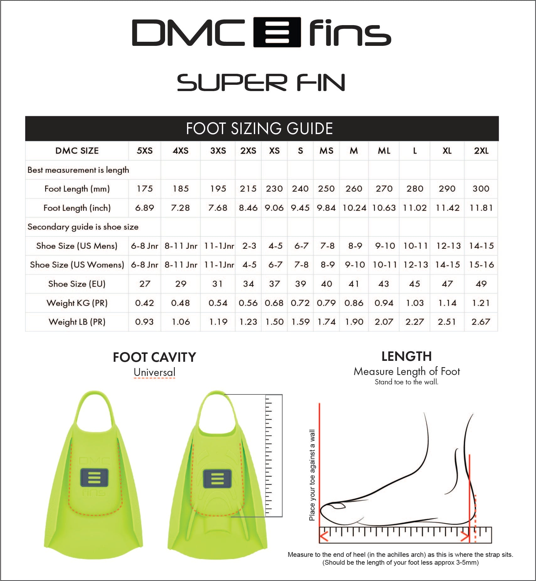 DMC SUPER FIN swim training fins sizing guide