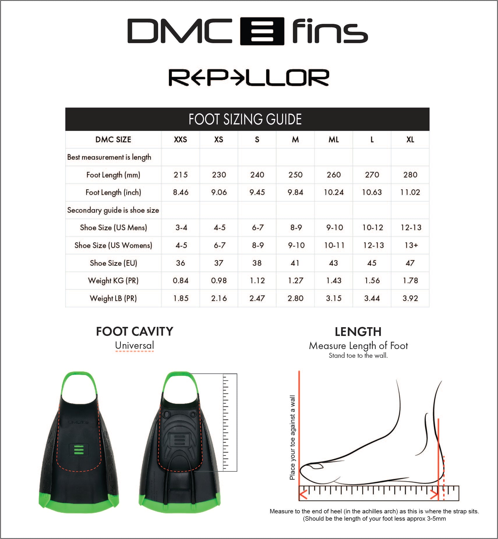 DMC Repellor ocean fins sizing guide