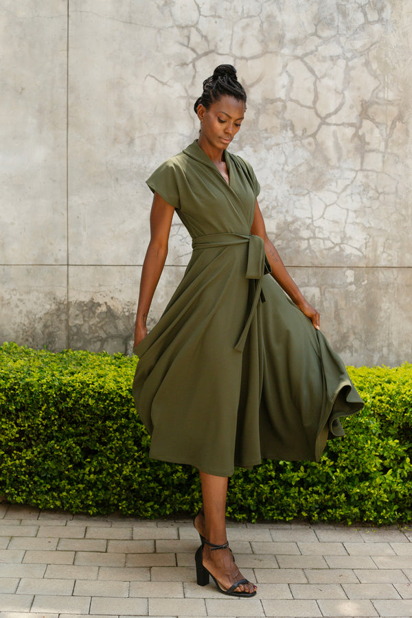 The Fold Wrap Dress Midi Olive