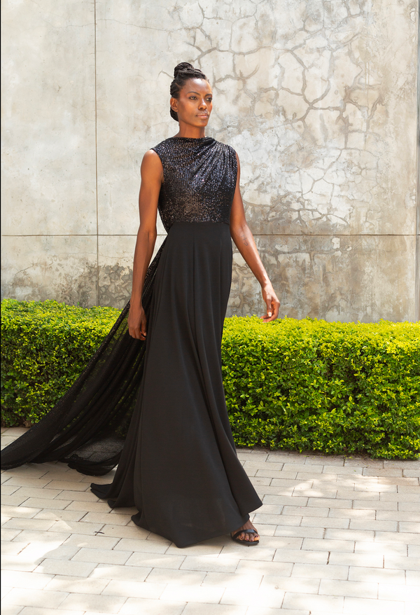 Drape Sequin Evening Dress - Black