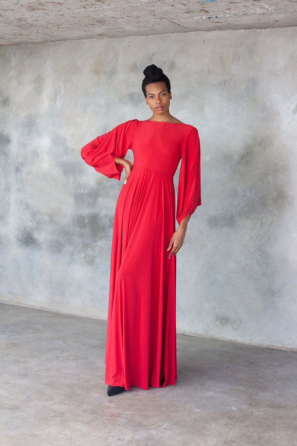 Red Power Sleeve Maxi Dress