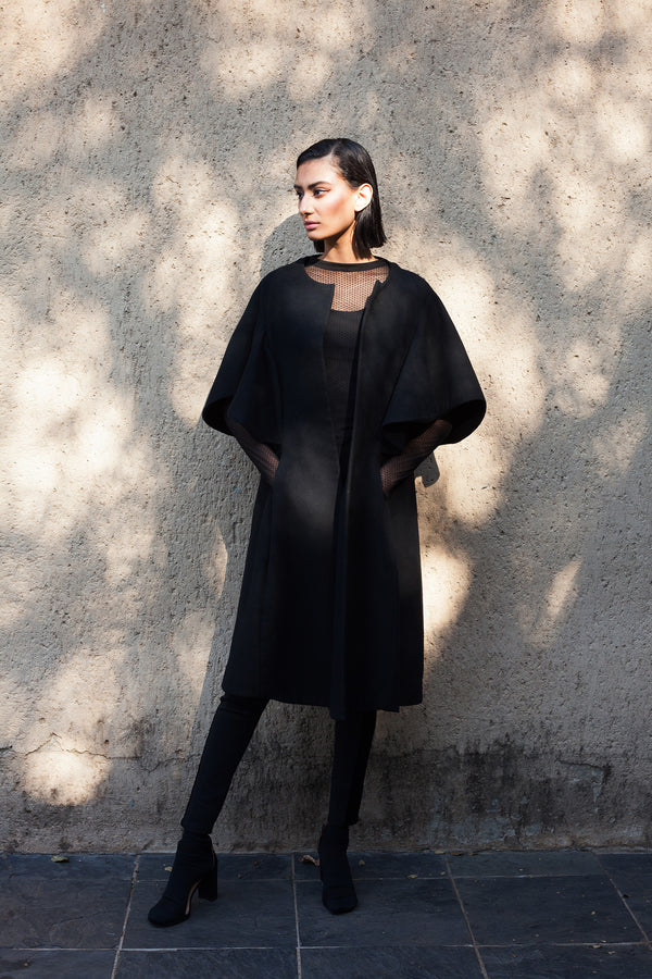 Black Wool Cape Sleeve Coat