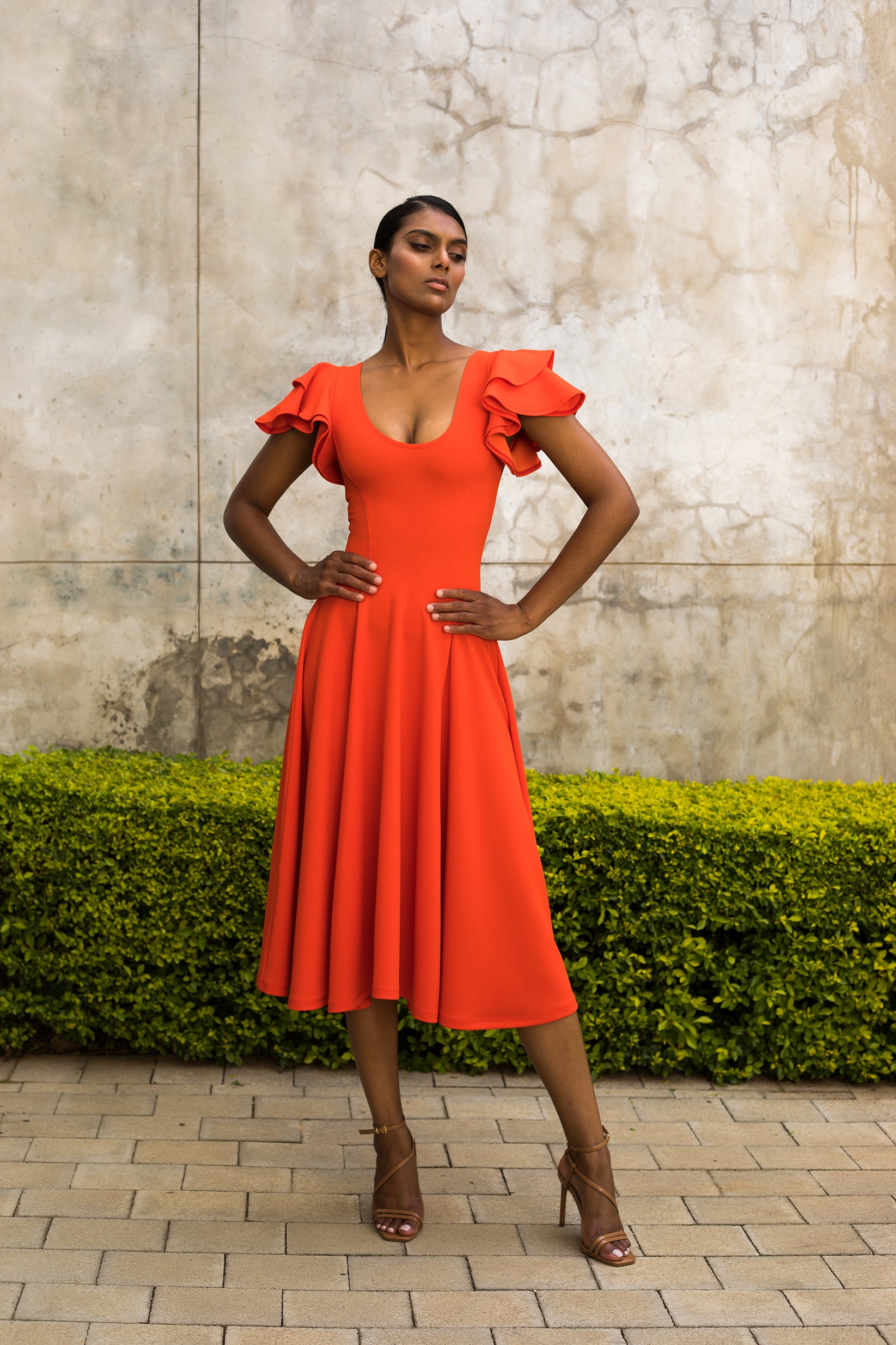 Orange Printed Fit & Flare Dress