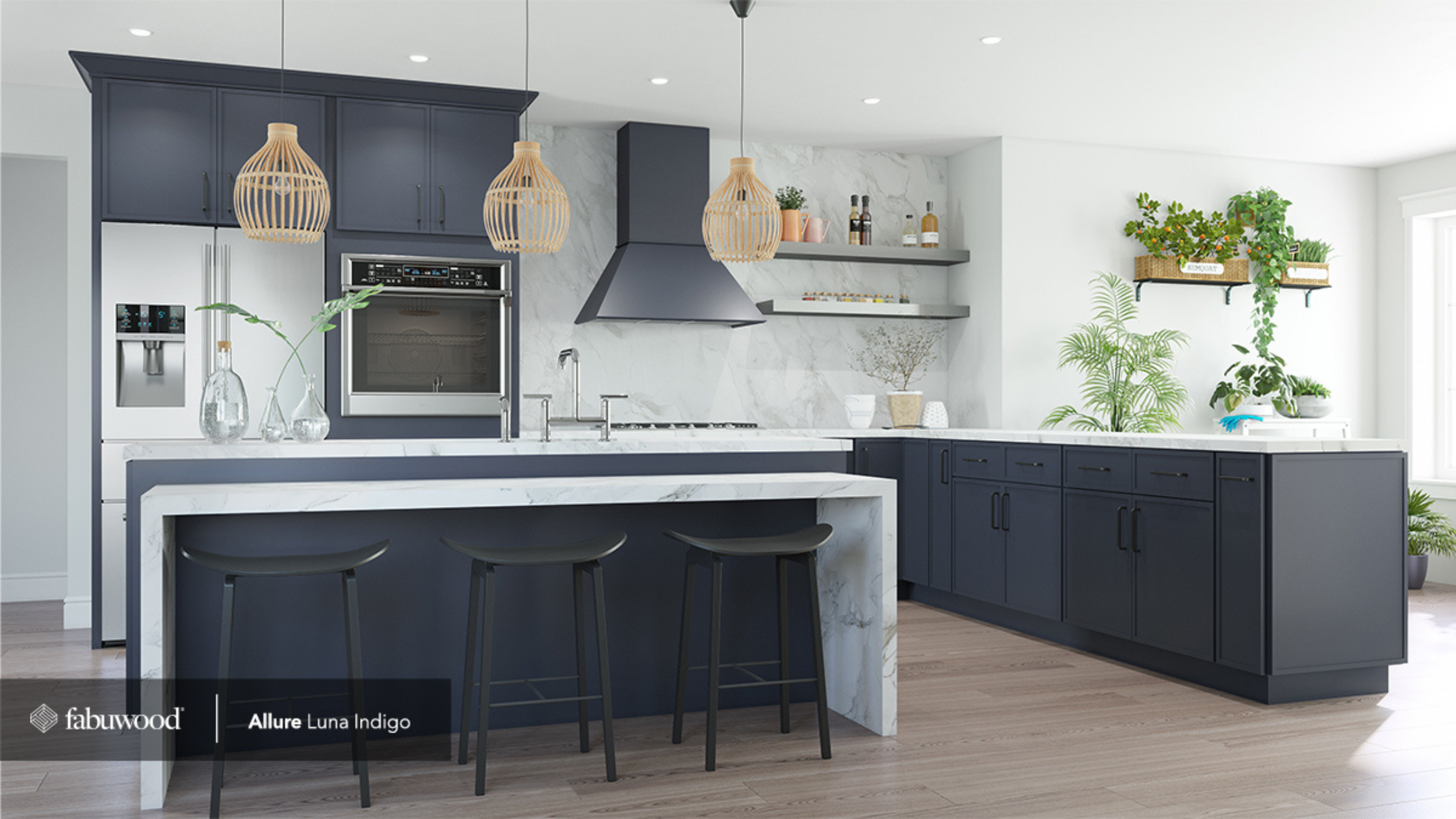 Blue Slim Shaker Kitchen. Fabuwood Allure Luna Indigo blue kitchen with island and white countertops