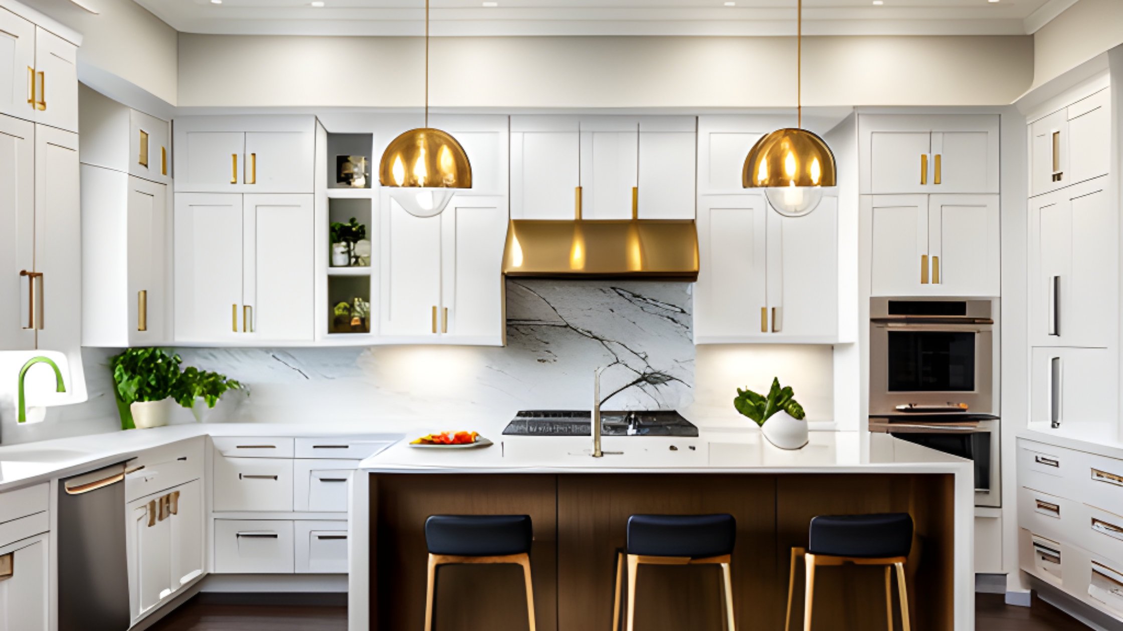 White shaker kitchen with gold accents and a sitting island with gold pendant lighting