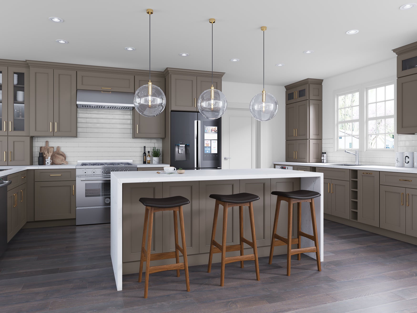 Beige kitchen with island and seating. Pendant kitchen lighting, white countertops