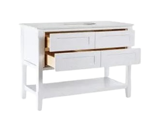 White Inset Furniture Vanity in white with open bottom shelf. All Plywood Construction. Aspen by Green Forest available at DirectCabinets.com