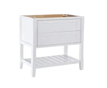 White Inset Furniture Vanity with two drawers and open bottom shelf. Shendendoah by Green Forest available at DirectCabinets.com