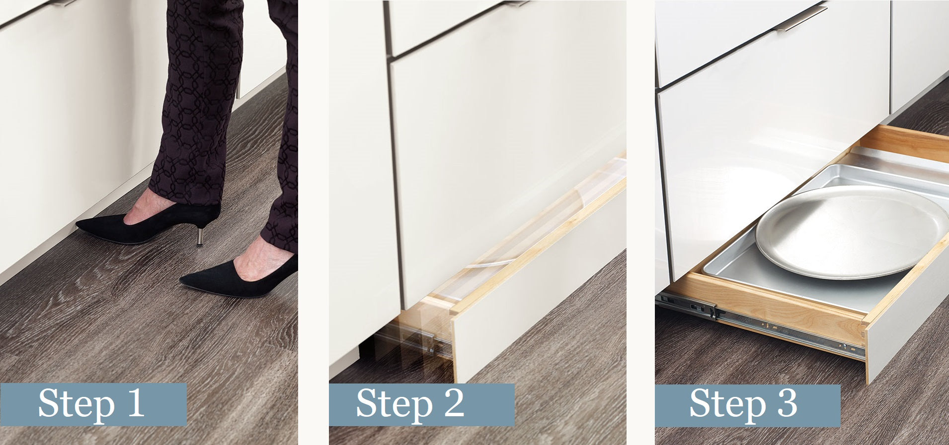 Push to open toe kick drawer for hidden storage