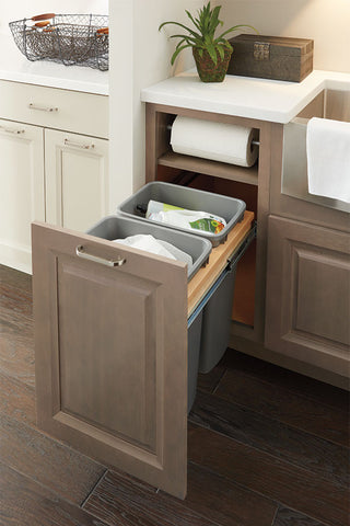 Double pull out trash cabinet with paper towel storage