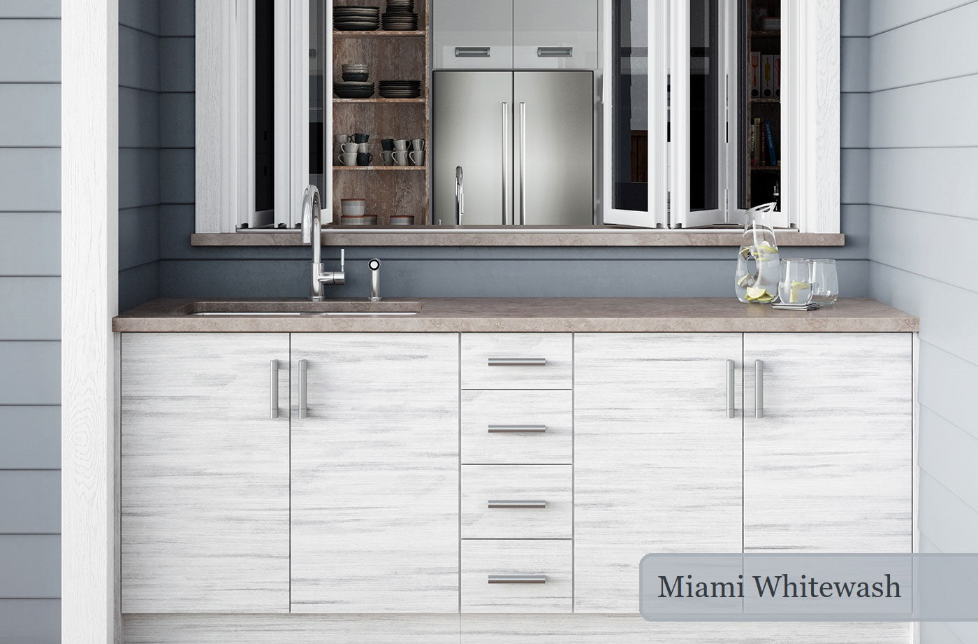 Outdoor Cabinets at DirectCabinets.com. WeatherStrong Miami Whitewash. White Wood grain outdoor cabinetry.