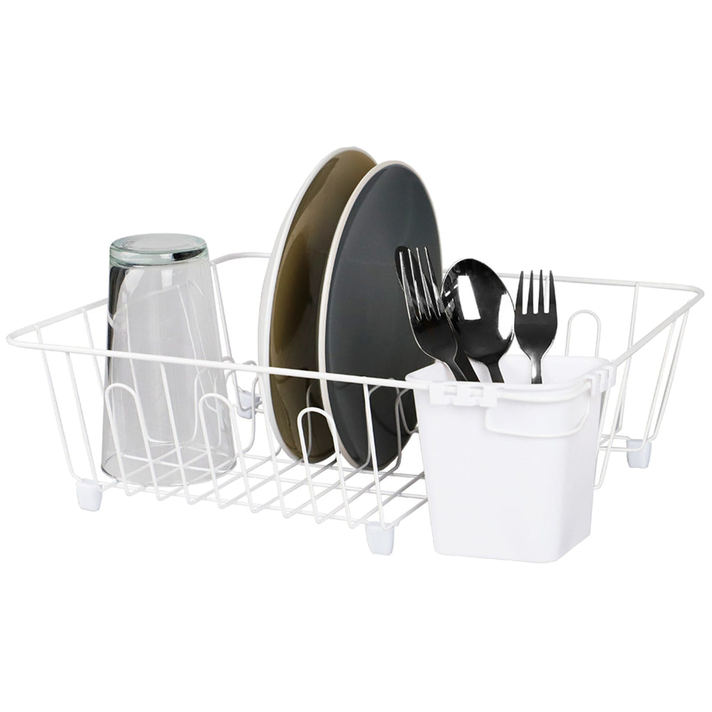 Michael Graves Design Deluxe Dish Rack with Gold Finish Wire and Removable  Dual Compartment Utensil Holder, White/Gold, KITCHEN ORGANIZATION