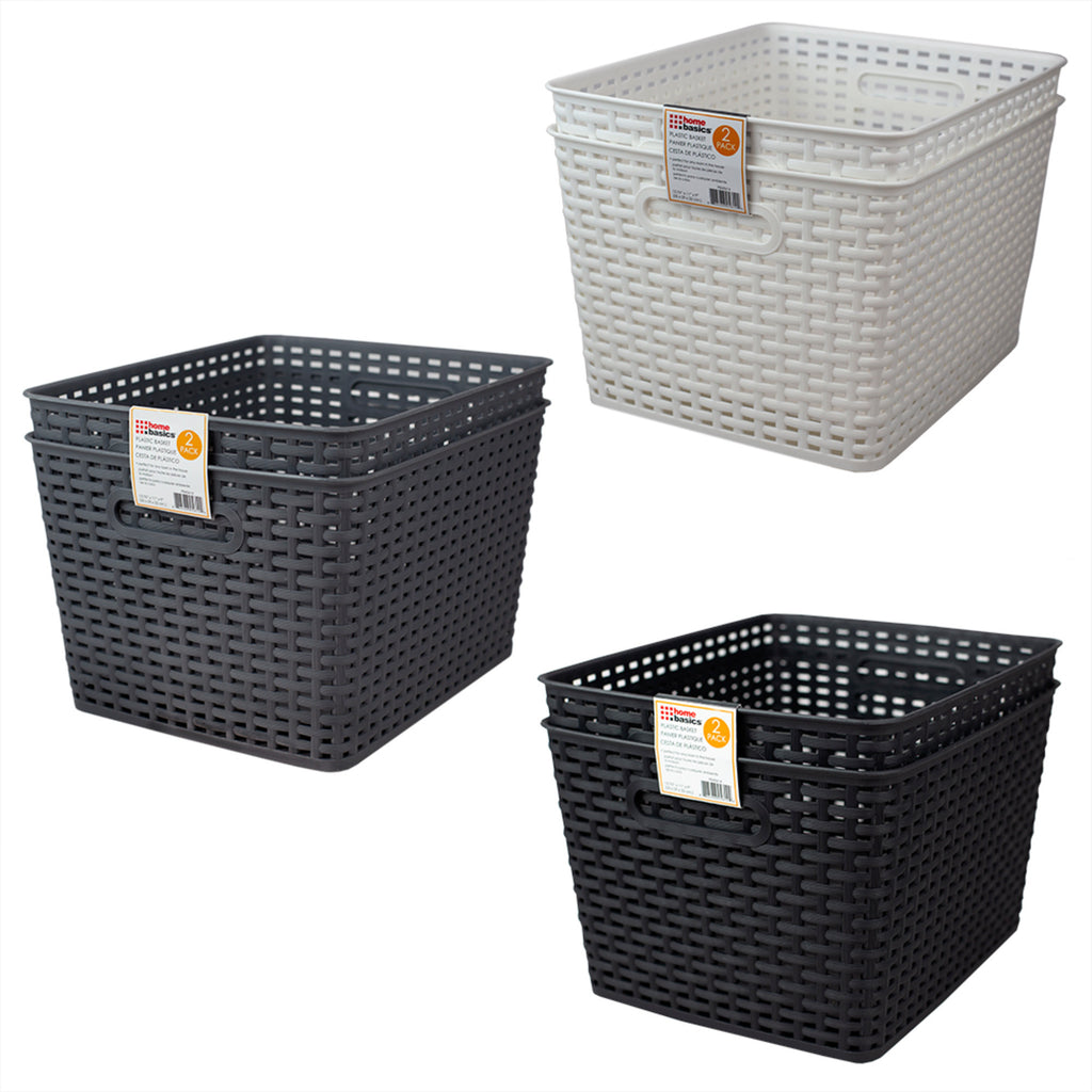 Home Basics Triple Woven 14 x 11.75 x 8.75 Multi-Purpose Stackable  Plastic Storage Basket, (Pack of 2), STORAGE ORGANIZATION