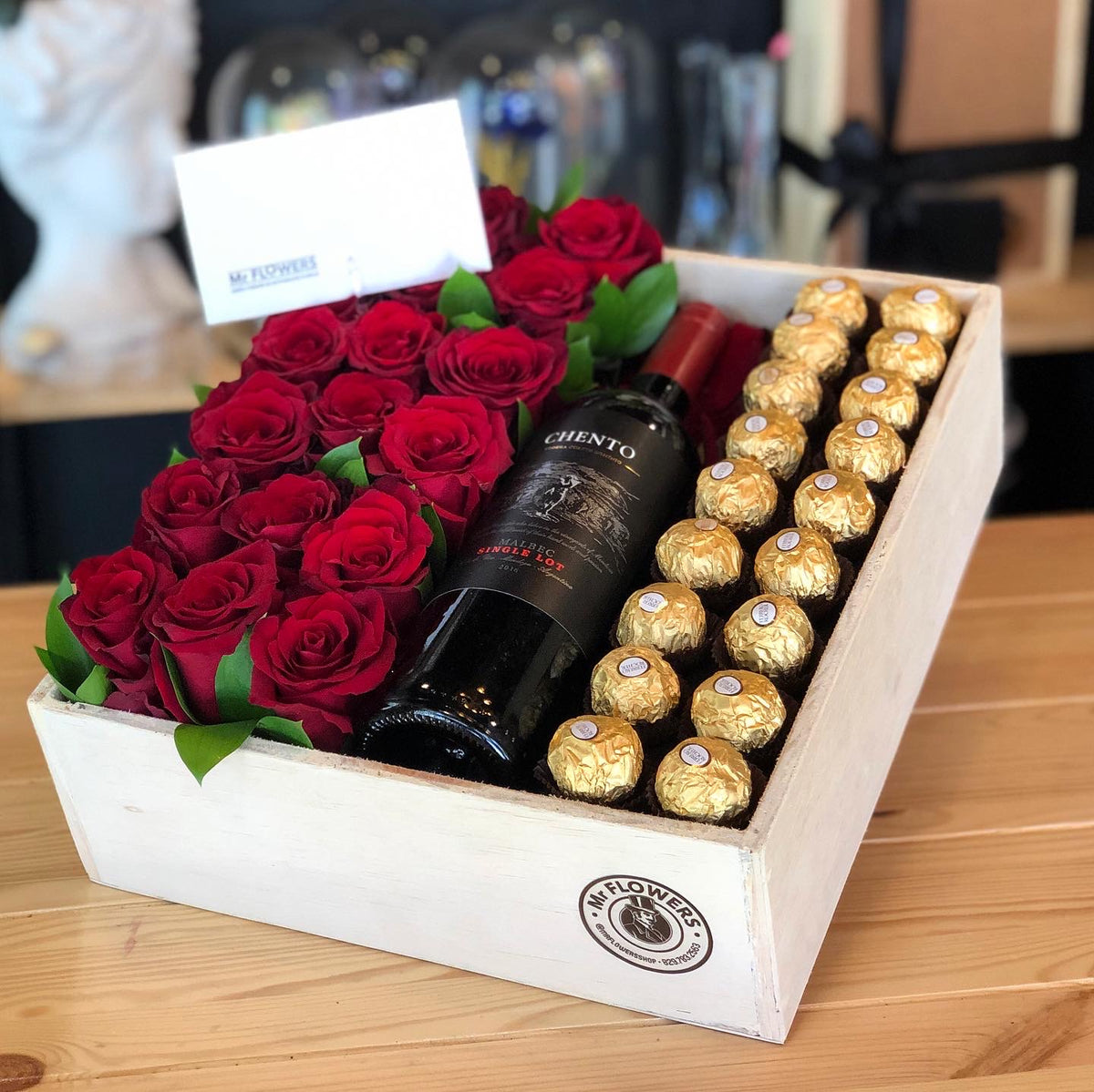 Wooden Box with Ferrero Rocher Chocolates & Roses: Anniversary – Mr Flowers  Shop