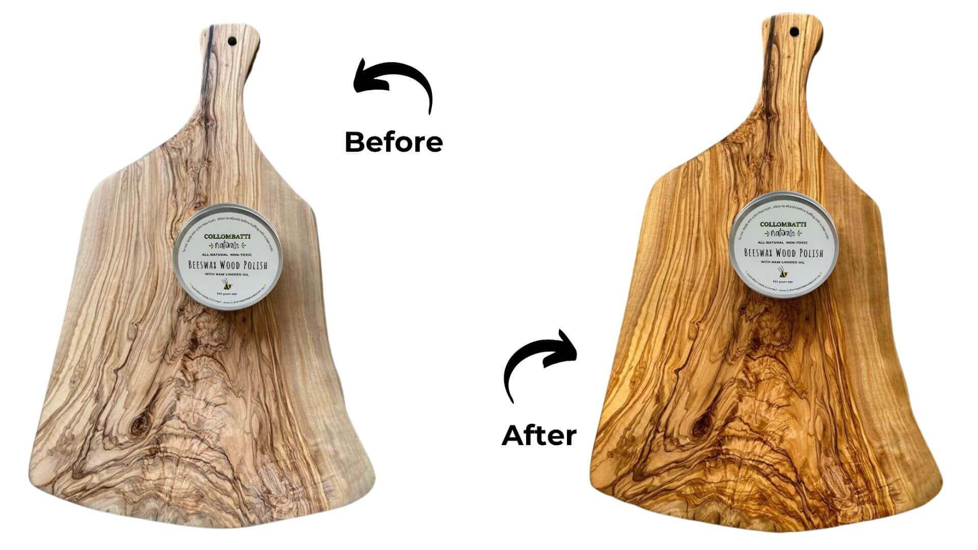 Collombatti Naturals 5 Reasons to use a beeswax wood polish picture of a cutting board before and after polishing