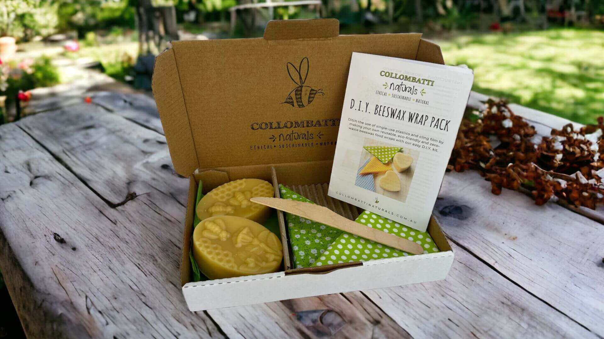 Collombatti naturals 5 ways to reduce waste over Christmas picture of our beeswax wrap kit on a wooden table