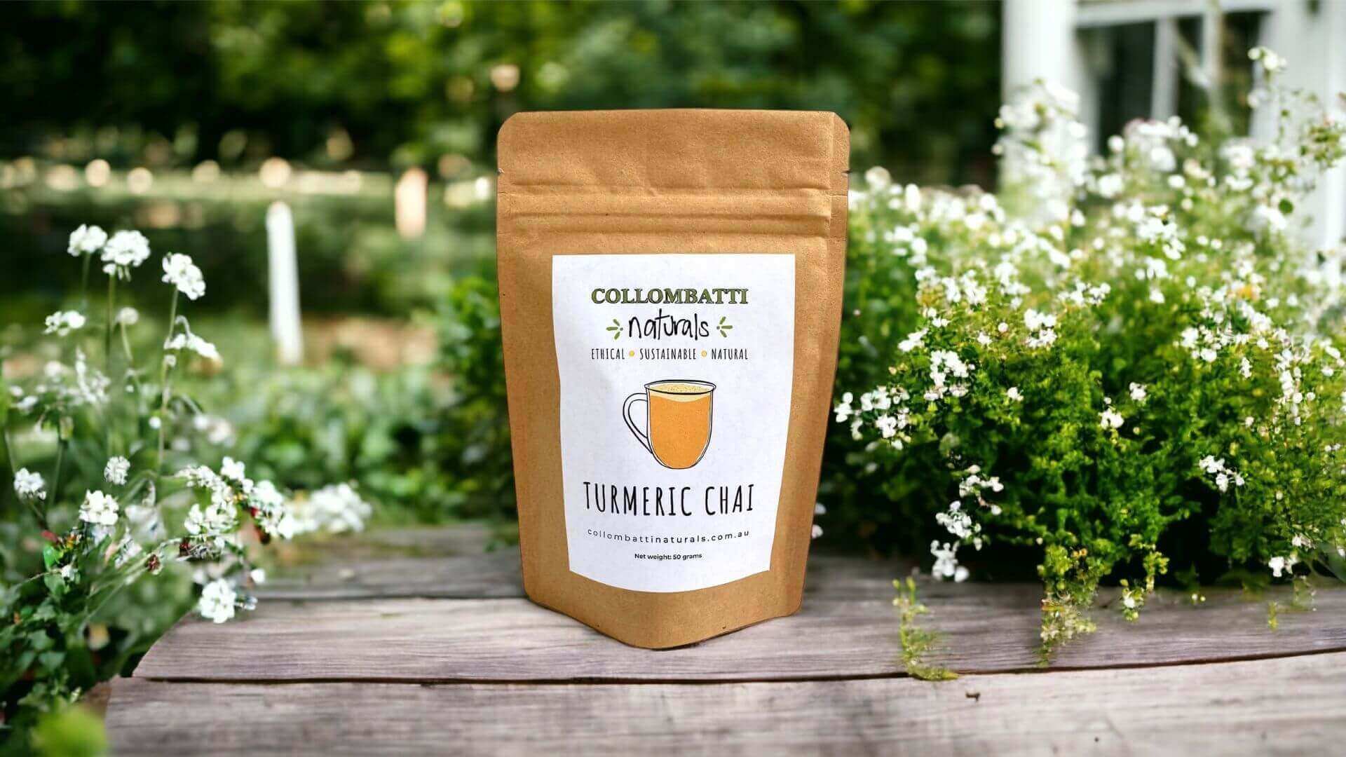 Collombatti Naturals Eco-Friendly Packaging Creating a Sustainable Business picutre of Turmeric Chai in earth friendly packaging