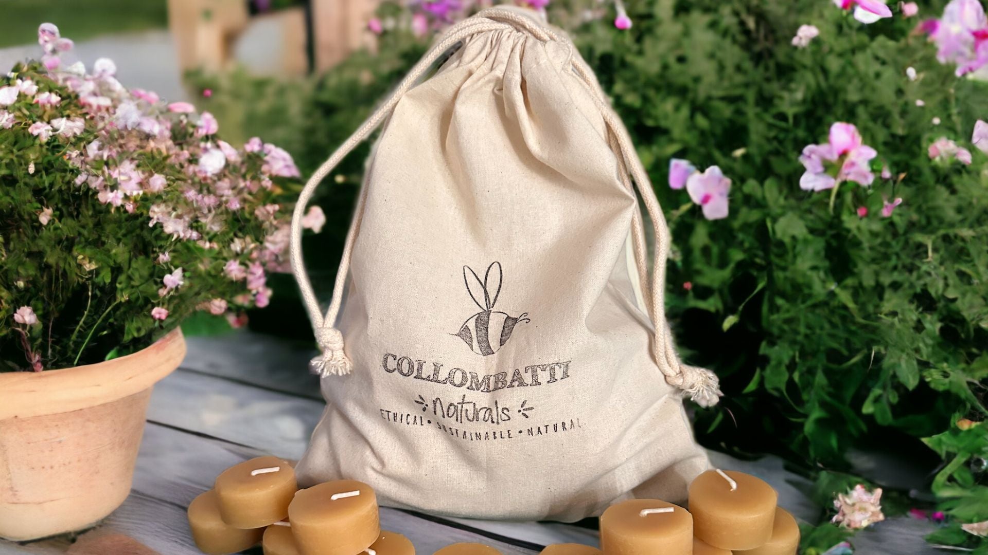 Collombatti Naturals mastering the art of caring and burning beeswax candles picture of beeswax tealights in a calico bag