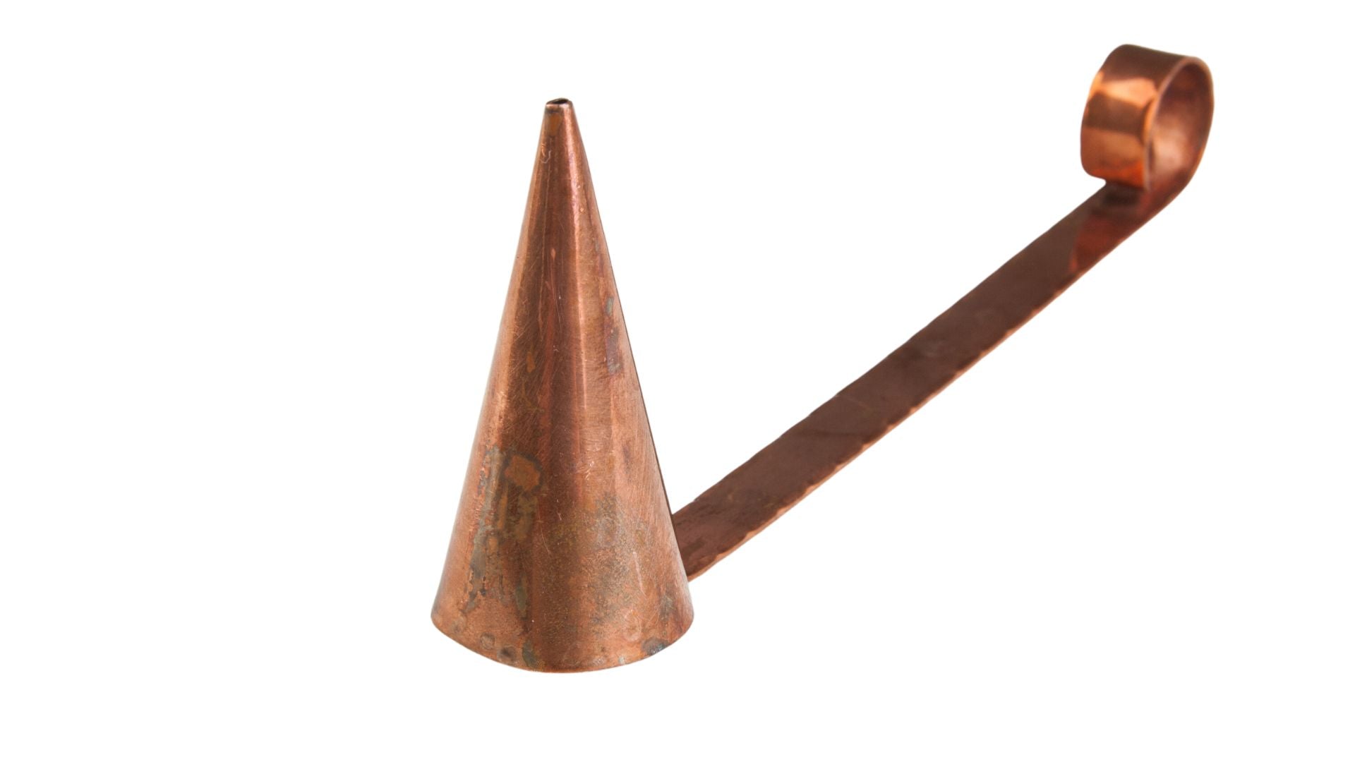 Collombatti Naturals the art of caring and burning beeswax candles picture of a copper candle snuffer