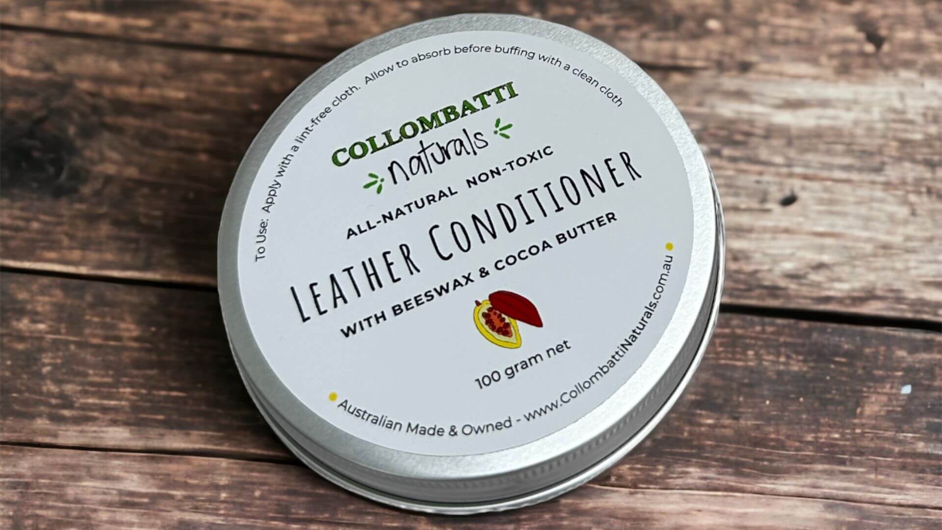 Collombatti Naturals step by step guide to using beeswax leather polish picture of beeswax leather conditioner in an aluminium container