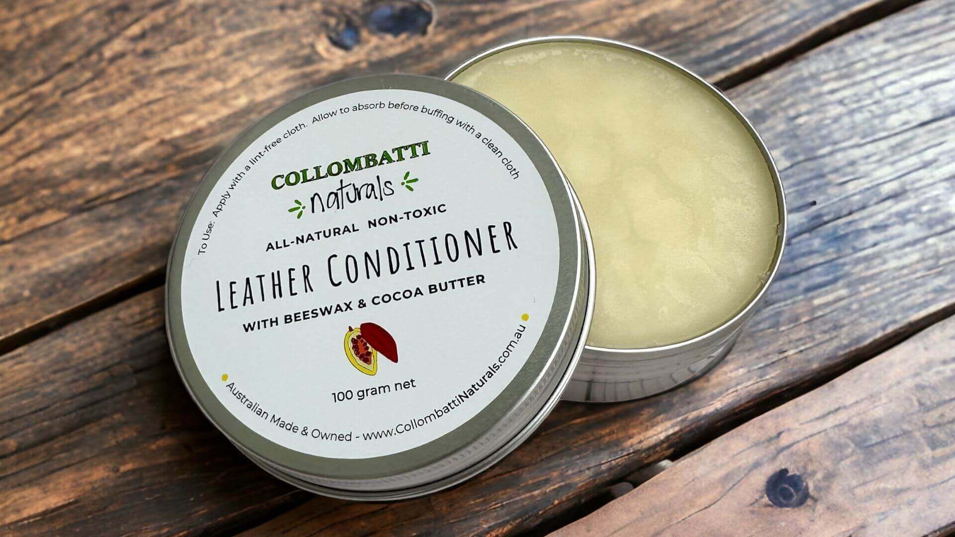 Collombatti Naturals step by step guide to using beeswax leather polish picture of Collombatti Naturals beeswax leather conditioner with the lid off