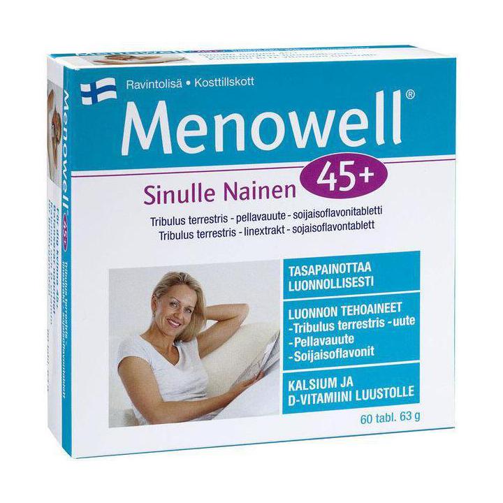 Витамины при менопаузе 50. Menowell 45+. Витамины Menowell 45+. Витамины для женщин 45+. Финские витамины для женщин 45+.