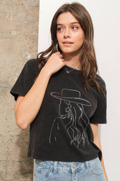 34924T - Cowgirl Hotifix Graphic Crop T Shirt: BLACK / S