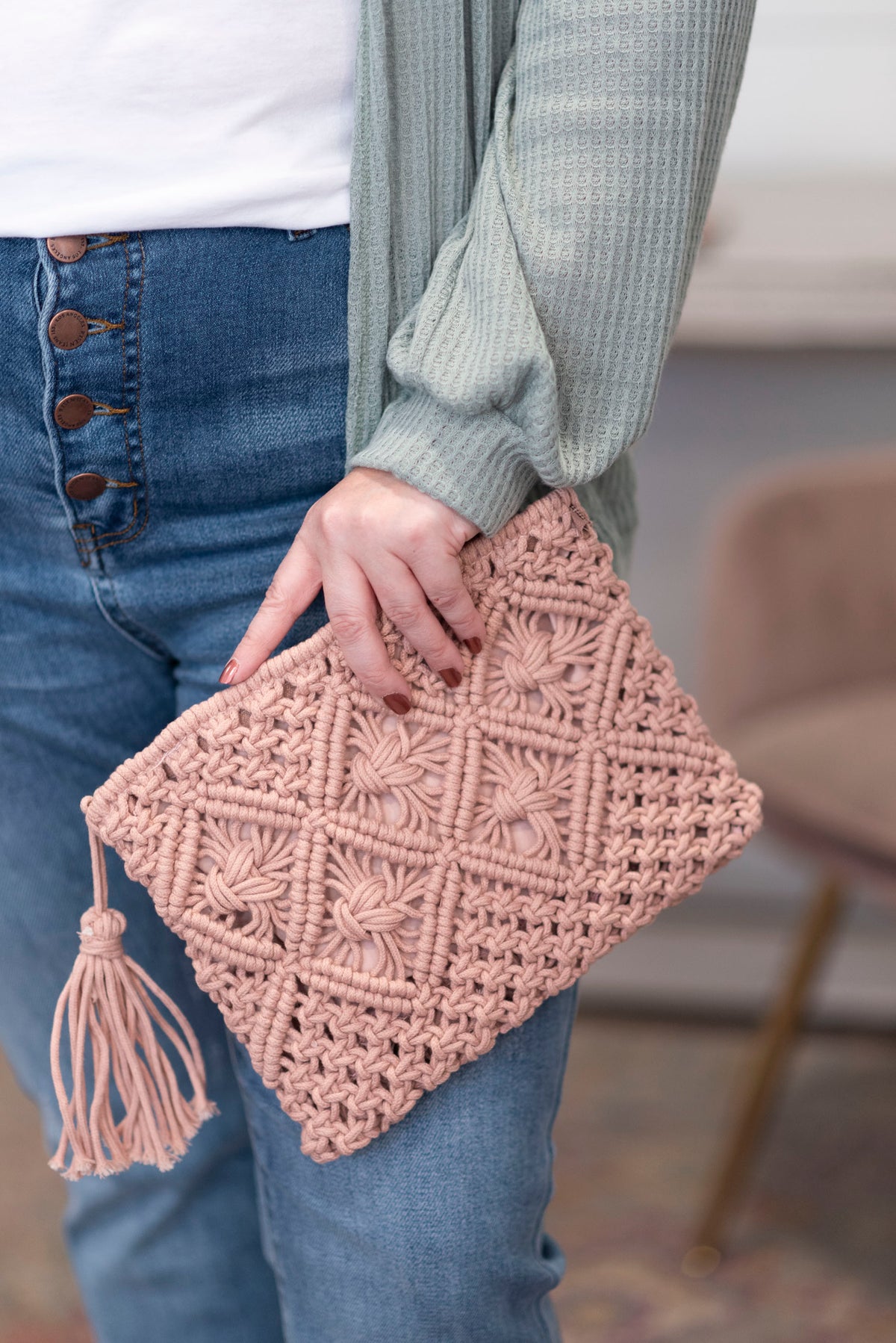 Crochet Tassel Clutch in Pink