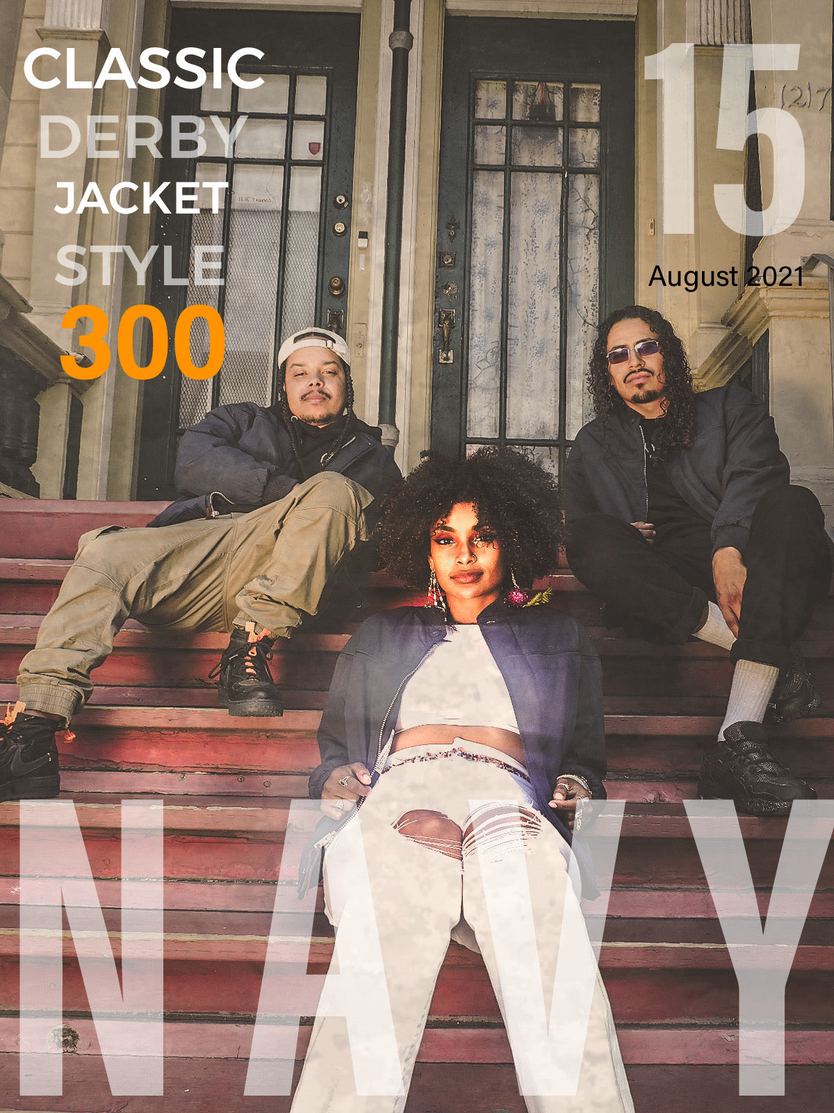 MODELS SITTING IN FRONT OF A SAN FRANCISCO HOUSE WEARING THE CLASSIC NAVY DERBY JAVKET