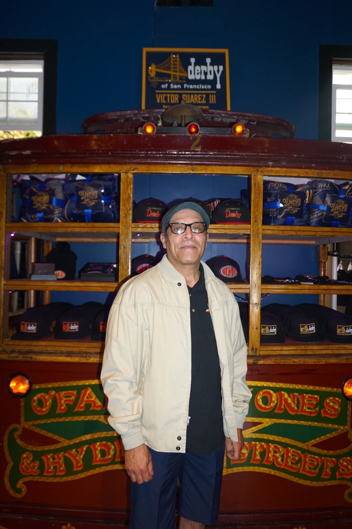 Michael Bishop wearing an old school Derby Jacket at the 1472 Haight street Flagship Store