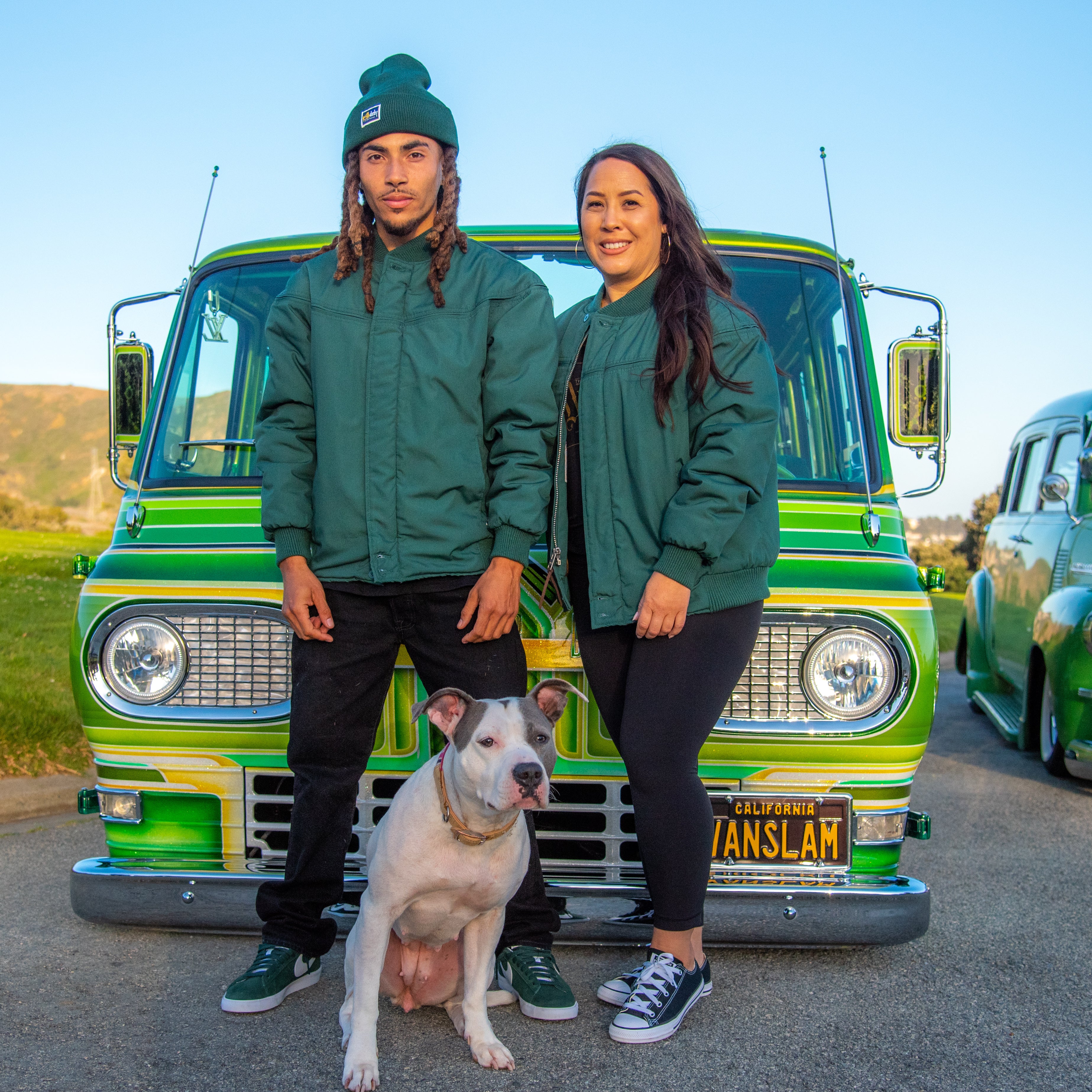 Mother and son wearing a Green Derby Jacket