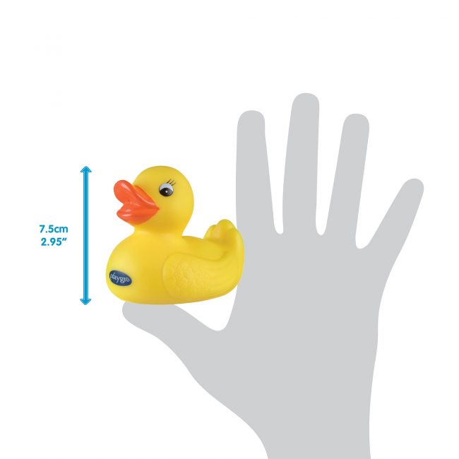 Playgro rubber duckie size compare to the palm